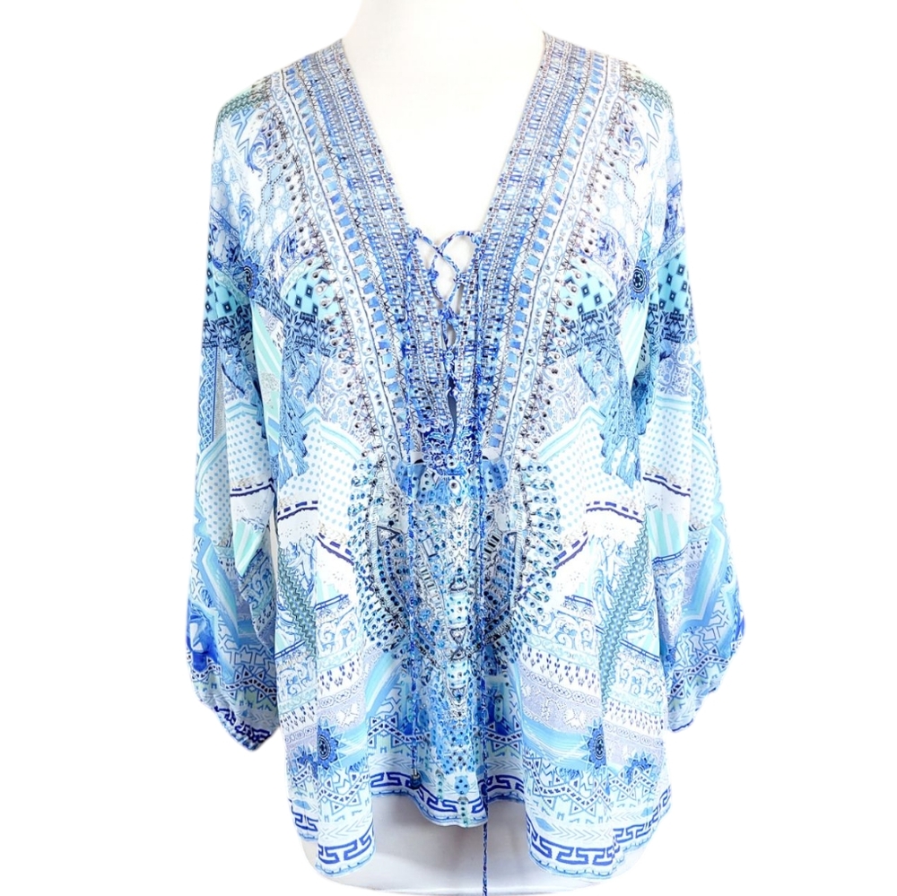 CAMILLA Day Dreamer Silk Embellished Lace Up Tunic Top Shirt Blouse Designer S - Picture 4 of 14